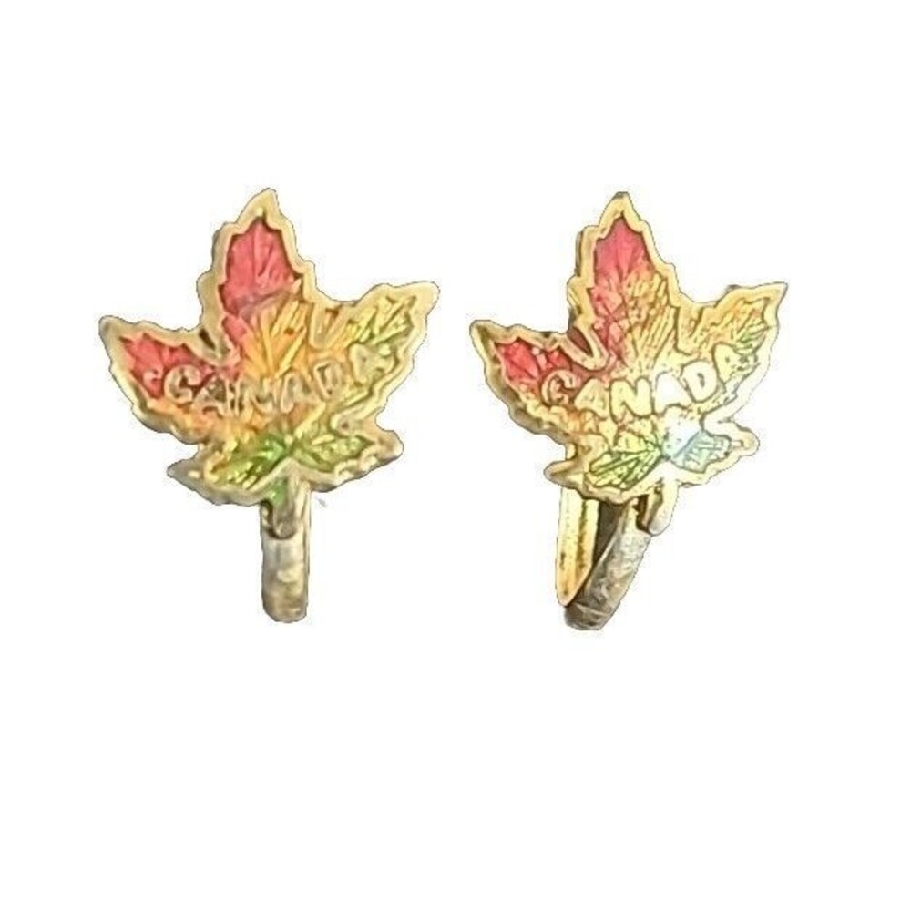 Vintage Screwback "Canada" on Enameled Maple Leaf - Red,Green,Yellow